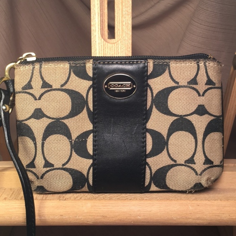 Coach leather and fabric monogram wristlet